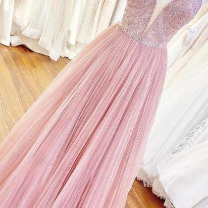 Pink Tulle Beads Long Prom Dress Pink Evening..