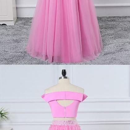 Pink Satin Tulle Two Pieces Strapless Long Beaded..
