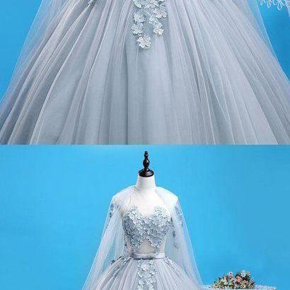Grey Tulle Tulle Lace Long Formal Prom Dress With..