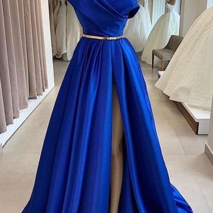 Blue Satin V Neck Long Side Slit Prom Dress, Royal..