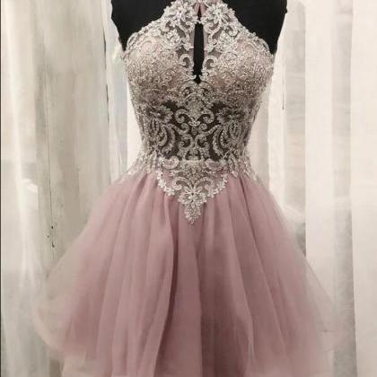 Pink Tulle Lace Short Prom Dress Pink Homecoming..