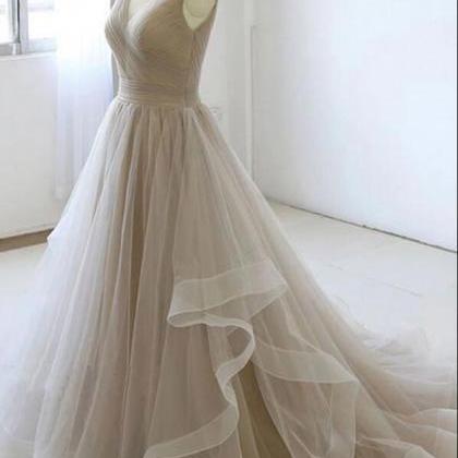 Simple V Neck Tulle Light Gray Long Prom Dress..