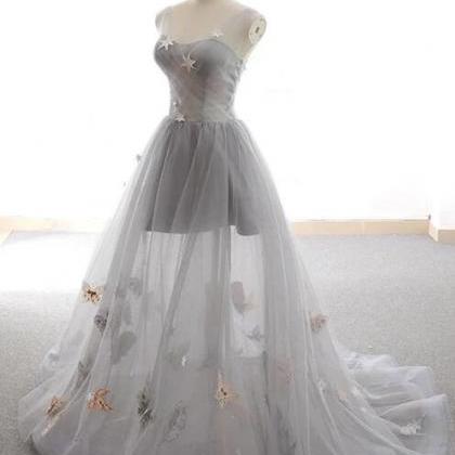 Light Champagne Tulle Lace Long Prom Dress..