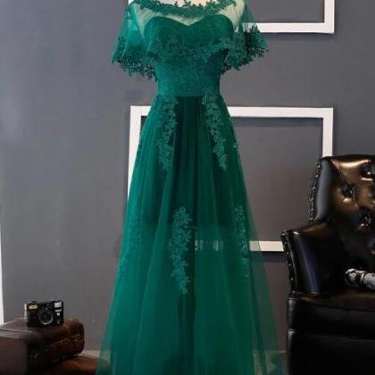 Green Tulle Lace Long Prom Dress, Green Lace..