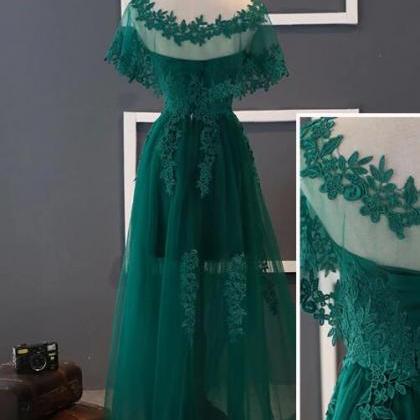 Green Tulle Lace Long Prom Dress, Green Lace..