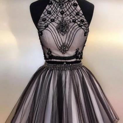 Black Tulle Beads Short Prom Dress, Black..
