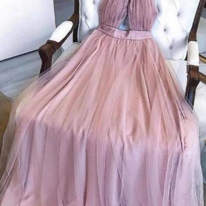 Pink Tulle Long Prom Dress, Pink Tulle Evening..