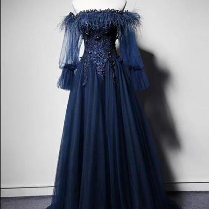 Dark Blue Off Shoulder Tulle Long Prom Dress, Blue..
