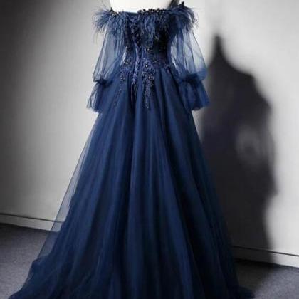 Dark Blue Off Shoulder Tulle Long Prom Dress, Blue..