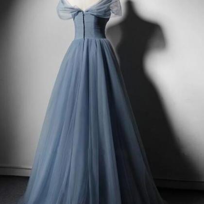 Blue Tulle Off Shoulder Long Prom Dress, Blue..