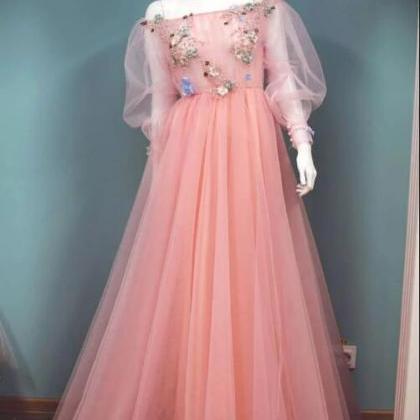 Pink Tulle Lace Long Prom Dress, Tulle Lace..