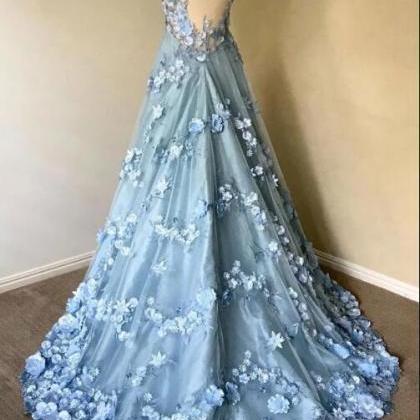 Blue Round Neck Lace Long Prom Dress, Blue Lace..
