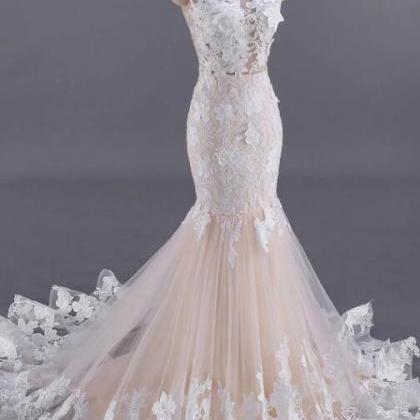 Unique Champagne Tulle Lace Long Prom Dress,..