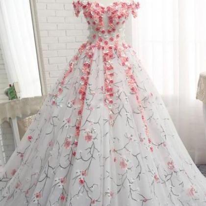 White Tulle 3d Applique Long Prom Dress, White..