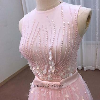 Pink Tulle Sequins Long Sweet 16 Prom Dress With..