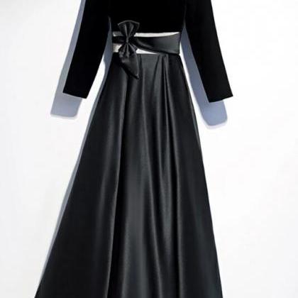 Black Satin Velvet Long Sleeve O Neck Prom Dress,..