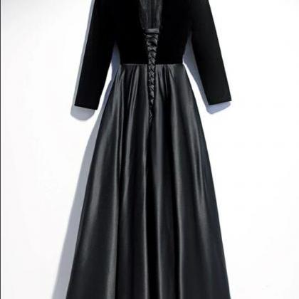 Black Satin Velvet Long Sleeve O Neck Prom Dress,..