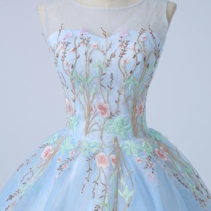 Ice Blue Tulle Embroidery Long Custom Made Evening..