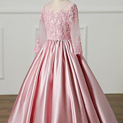 Pink Satin Long Sleeve A Line Sweet 16 Prom Dress..