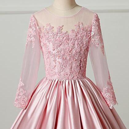 Pink Satin Long Sleeve A Line Sweet 16 Prom Dress..