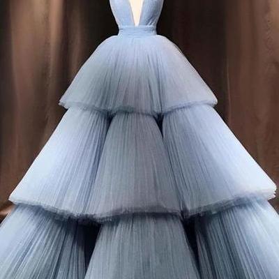 Blue Tulle V Neck Layered Long Formal Prom Dress,..