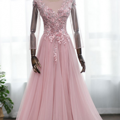 Pink Tulle Embroidery Beaded Long Sleeve Formal..