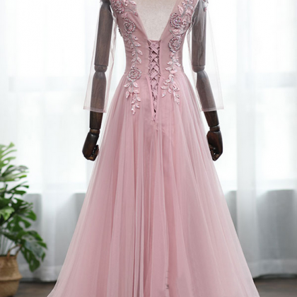 Pink Tulle Embroidery Beaded Long Sleeve Formal..