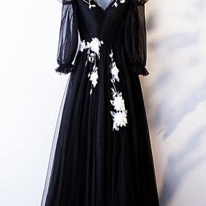 Black Tulle Mid Sleeve V Neck Long Prom Dress,..