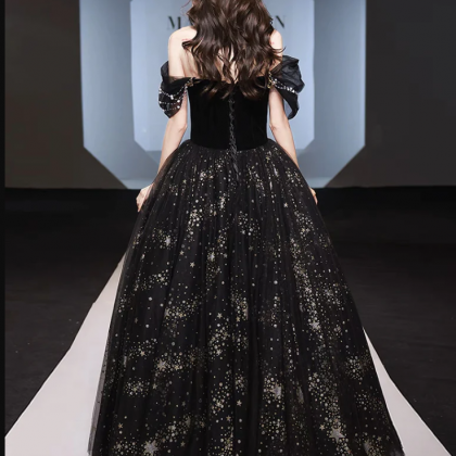 A Line Off Shoulder Tulle Lace Black Ball Gown..