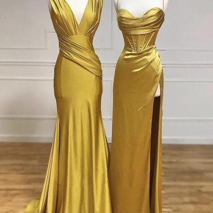 Simple Satin Gold Long Prom Dress, Gold Satin Long..