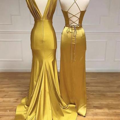 Simple Satin Gold Long Prom Dress, Gold Satin Long..