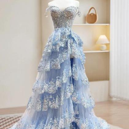 A-line Tulle Sequin Blue Long Prom Dress, Blue..