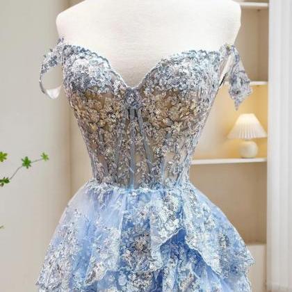 A-line Tulle Sequin Blue Long Prom Dress, Blue..