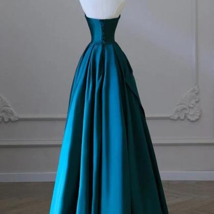 A-line Strapless Satin Peacock Blue Long Prom..