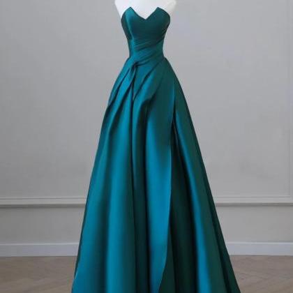 A-line Strapless Satin Peacock Blue Long Prom..