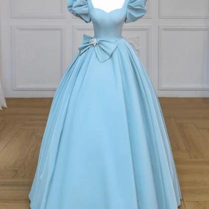 Prom Dress A-line Blue Satin Puff Sleeves Long..