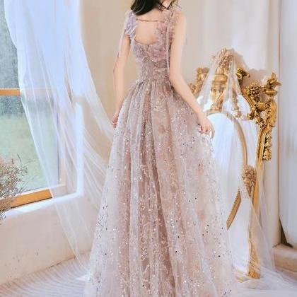 Luxury Pink Sequin Long Prom Dress, Lace Pink Long..