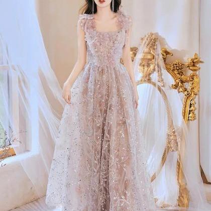 Luxury Pink Sequin Long Prom Dress, Lace Pink Long..