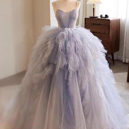 Fashion Blue Tulle Long Prom Gown, Blue Tulle Long..