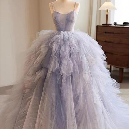 Fashion Blue Tulle Long Prom Gown, Blue Tulle Long..