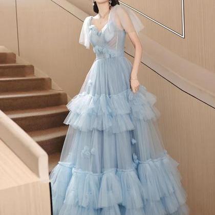 A-line Tulle Blue Long Prom Dress, Party Dress..