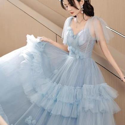 A-line Tulle Blue Long Prom Dress, Party Dress..