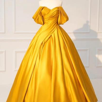A-line Off Shoulder Yellow Long Prom Dress, Yellow..