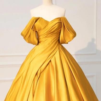 A-line Off Shoulder Yellow Long Prom Dress, Yellow..