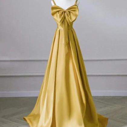 A-line Sweetheart Neck Satin Yellow Long Prom..