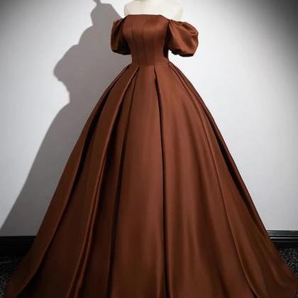 Brown Puff Sleeves Showing A-line Satin Long Prom..