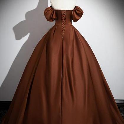 Brown Puff Sleeves Showing A-line Satin Long Prom..