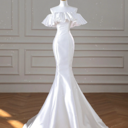 White Ruffled Mermaid Ball Gown, Simple And..