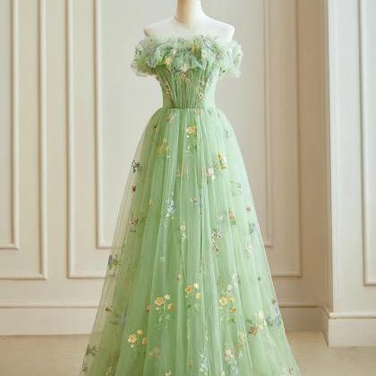 A Line Off Shoulder Tulle Embroidered Lace Green Long Ball Gown Green ...