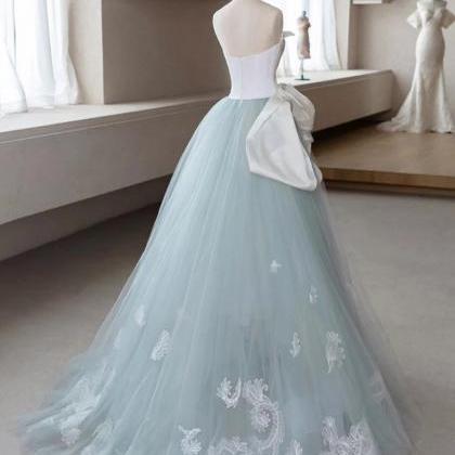 A-line Blue Tulle Lace Applique Long Prom Dress,..